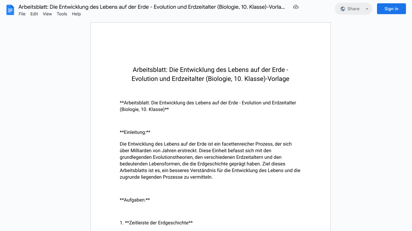 Arbeitsblatt: Die Entwicklung des Lebens auf der Erde - Evolution und Erdzeitalter (Biologie, 10. Klasse)-Vorlage