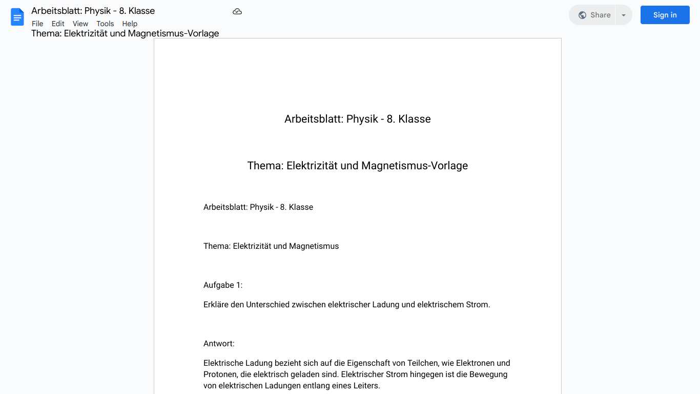 Arbeitsblatt: Physik - 8. Klasse

Thema: Elektrizität und Magnetismus-Vorlage