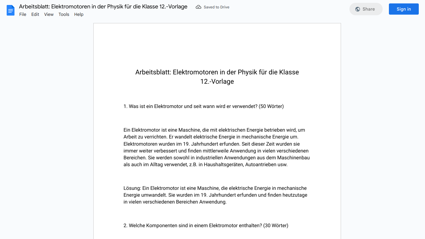 Arbeitsblatt: Elektromotoren in der Physik für die Klasse 12.-Vorlage