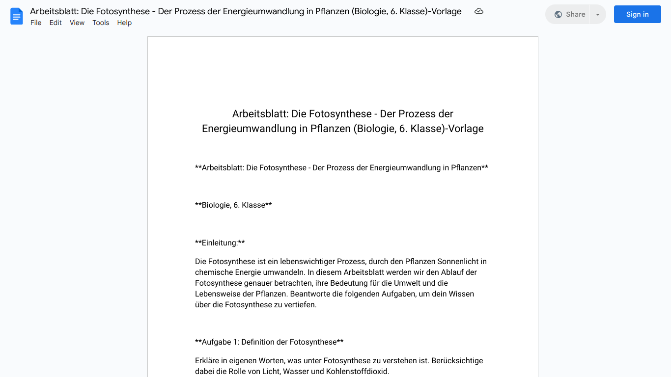 Arbeitsblatt: Die Fotosynthese - Der Prozess der Energieumwandlung in Pflanzen (Biologie, 6. Klasse)-Vorlage