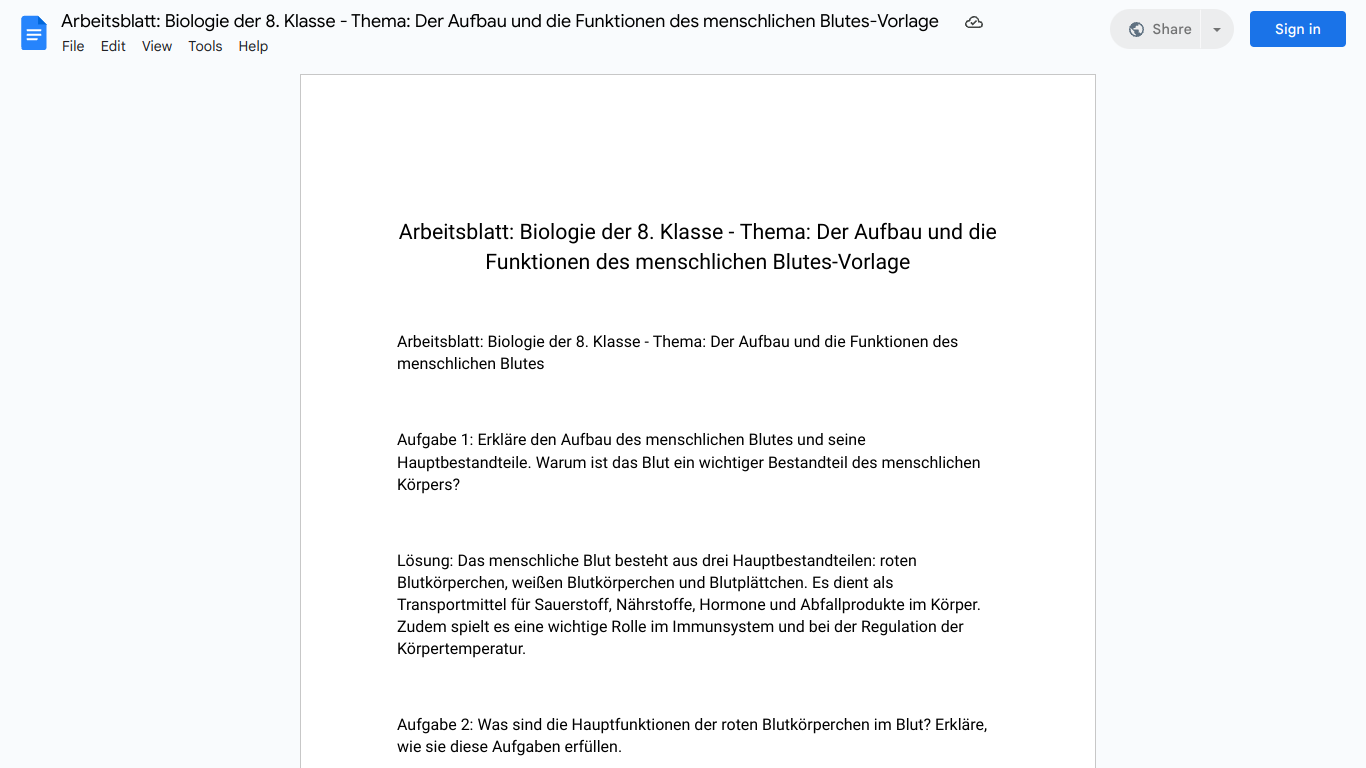 Arbeitsblatt: Biologie der 8. Klasse - Thema: Der Aufbau und die Funktionen des menschlichen Blutes-Vorlage