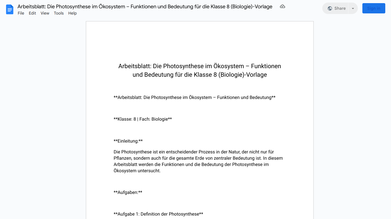 Arbeitsblatt: Die Photosynthese im Ökosystem – Funktionen und Bedeutung für die Klasse 8 (Biologie)-Vorlage