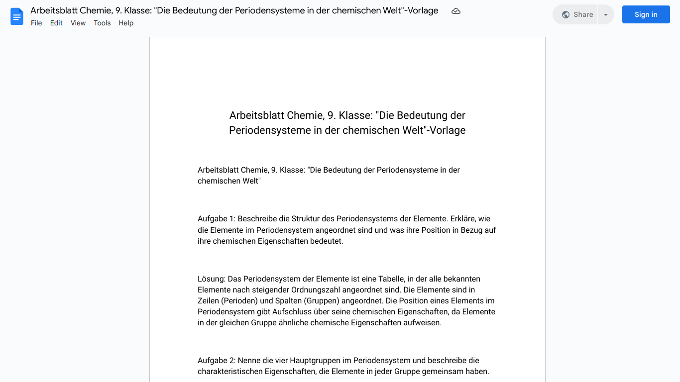 Arbeitsblatt Chemie, 9. Klasse: "Die Bedeutung der Periodensysteme in der chemischen Welt"-Vorlage