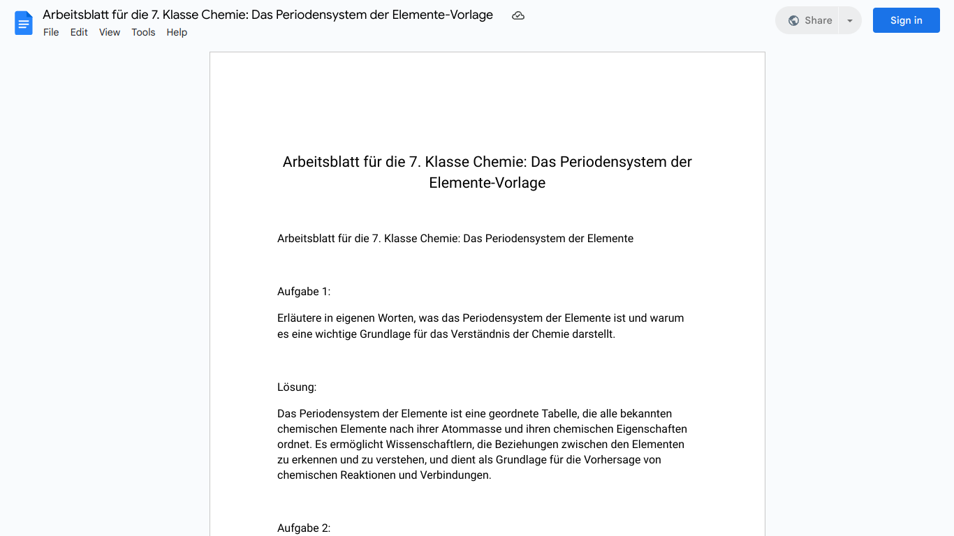 Arbeitsblatt für die 7. Klasse Chemie: Das Periodensystem der Elemente-Vorlage