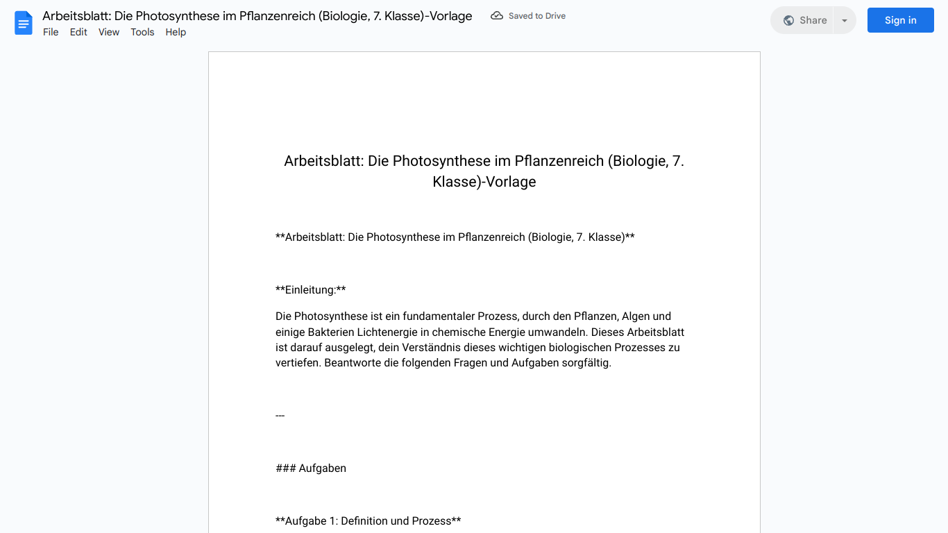 Arbeitsblatt: Die Photosynthese im Pflanzenreich (Biologie, 7. Klasse)-Vorlage