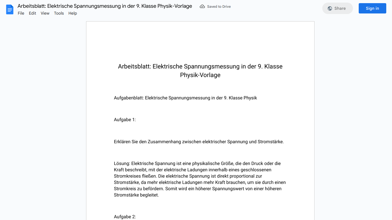 Arbeitsblatt: Elektrische Spannungsmessung in der 9. Klasse Physik-Vorlage