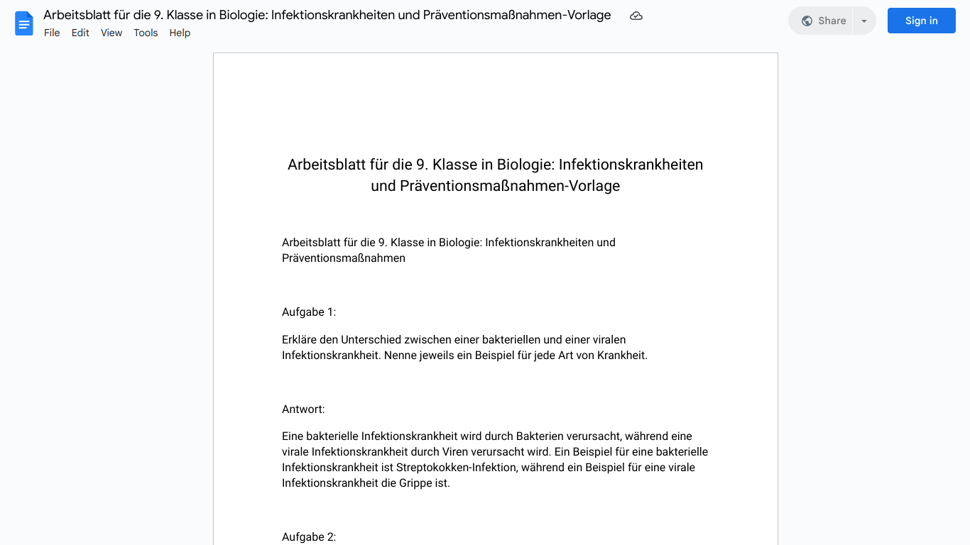 Arbeitsblatt für die 9. Klasse in Biologie: Infektionskrankheiten und Präventionsmaßnahmen-Vorlage