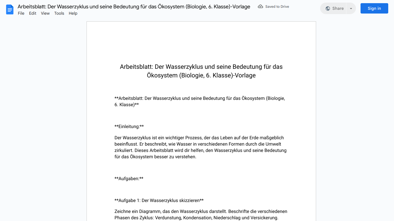 Arbeitsblatt: Der Wasserzyklus und seine Bedeutung für das Ökosystem (Biologie, 6. Klasse)-Vorlage