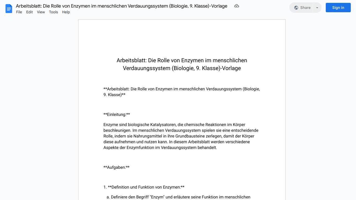 Arbeitsblatt: Die Rolle von Enzymen im menschlichen Verdauungssystem (Biologie, 9. Klasse)-Vorlage