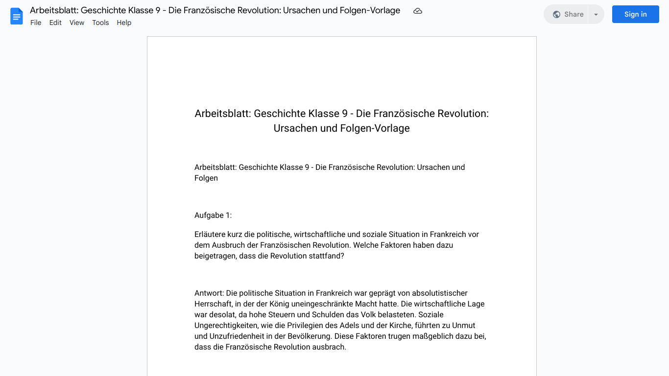 Arbeitsblatt: Geschichte Klasse 9 - Die Französische Revolution: Ursachen und Folgen-Vorlage