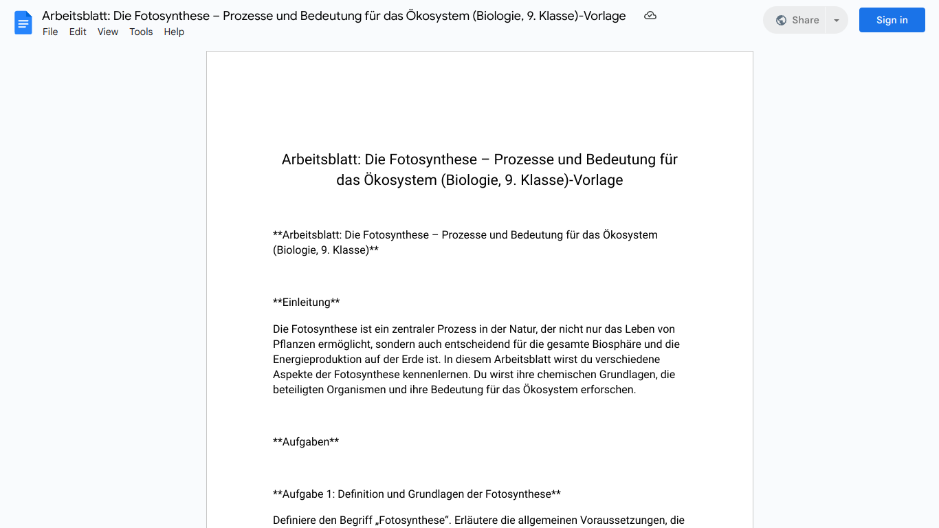 Arbeitsblatt: Die Fotosynthese – Prozesse und Bedeutung für das Ökosystem (Biologie, 9. Klasse)-Vorlage