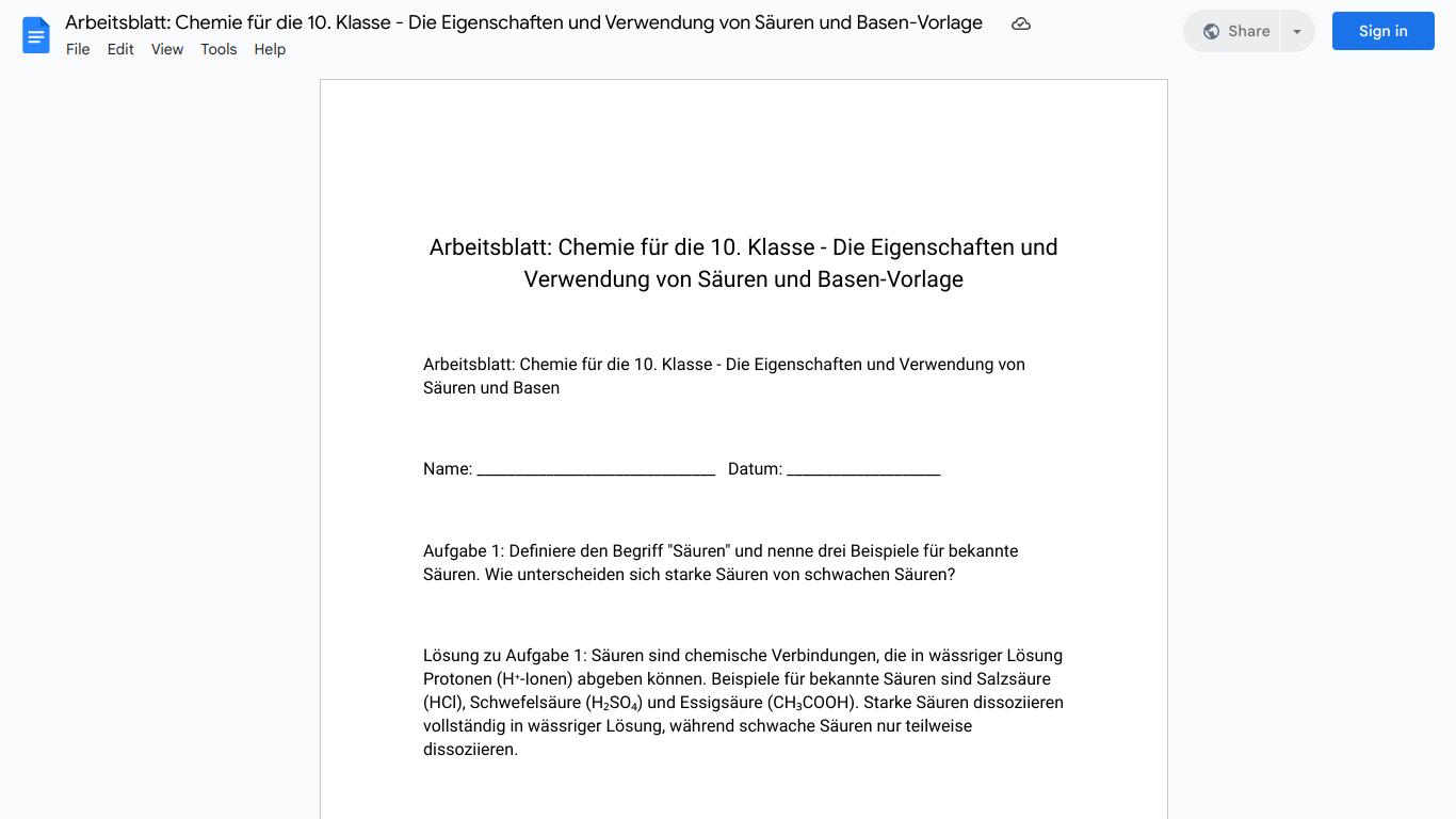 Arbeitsblatt: Chemie für die 10. Klasse - Die Eigenschaften und Verwendung von Säuren und Basen-Vorlage