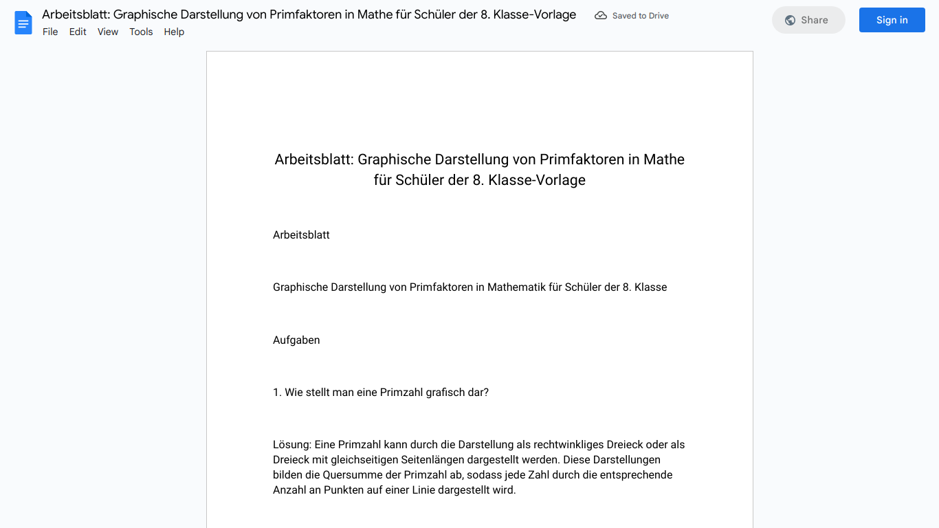 Arbeitsblatt: Graphische Darstellung von Primfaktoren in Mathe für Schüler der 8. Klasse-Vorlage