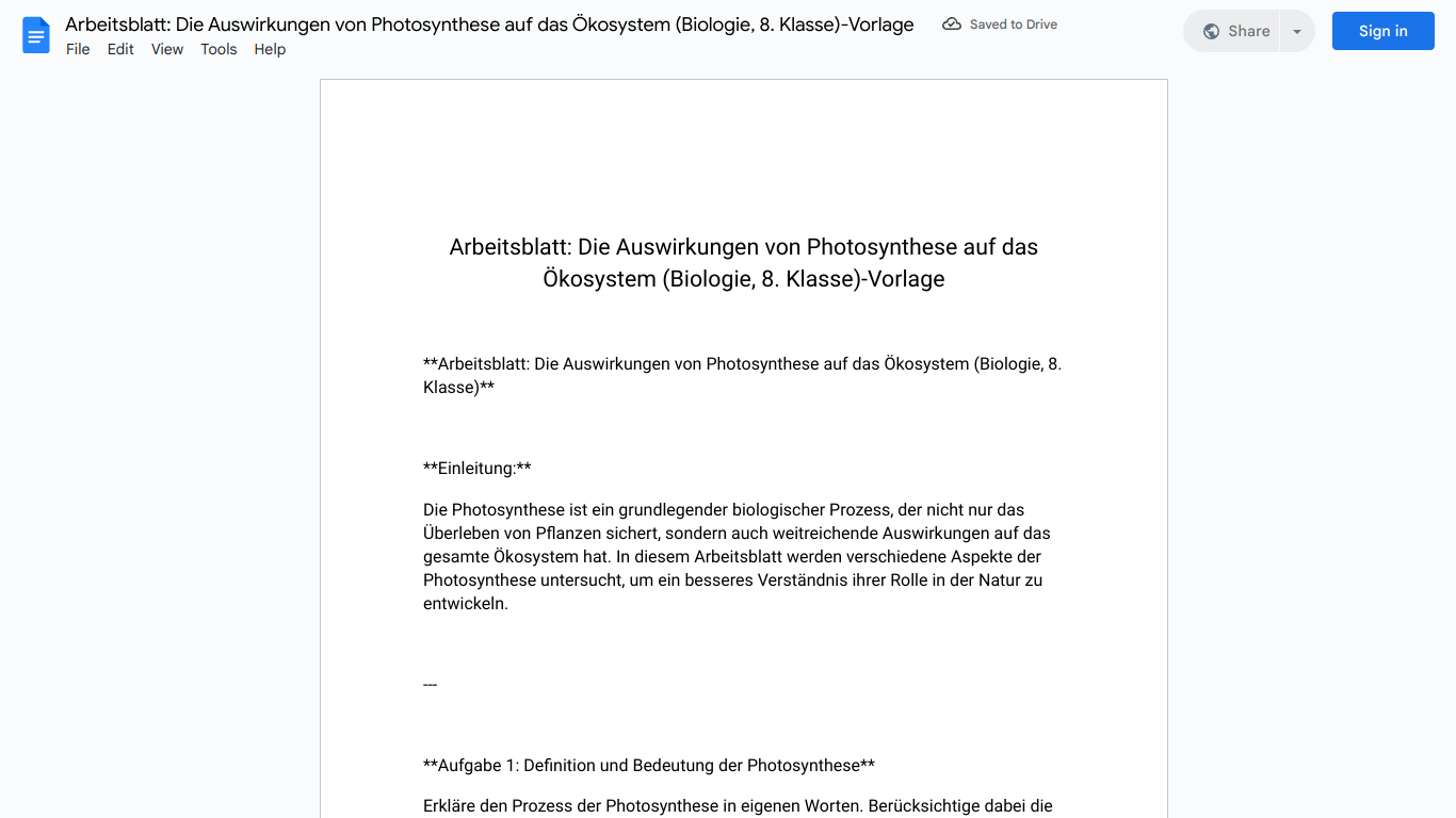 Arbeitsblatt: Die Auswirkungen von Photosynthese auf das Ökosystem (Biologie, 8. Klasse)-Vorlage