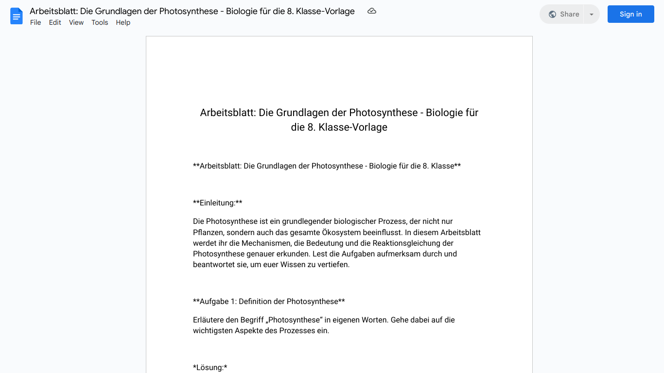 Arbeitsblatt: Die Grundlagen der Photosynthese - Biologie für die 8. Klasse-Vorlage