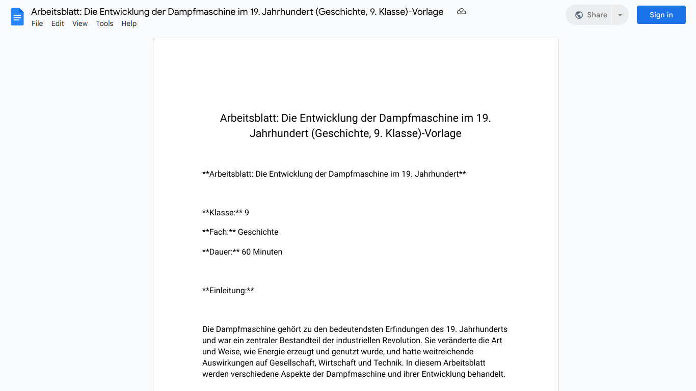 Arbeitsblatt: Die Entwicklung der Dampfmaschine im 19. Jahrhundert (Geschichte, 9. Klasse)-Vorlage