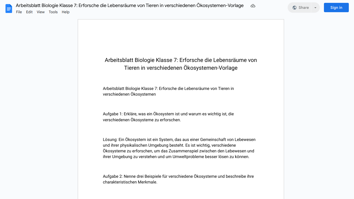 Arbeitsblatt Biologie Klasse 7: Erforsche die Lebensräume von Tieren in verschiedenen Ökosystemen-Vorlage