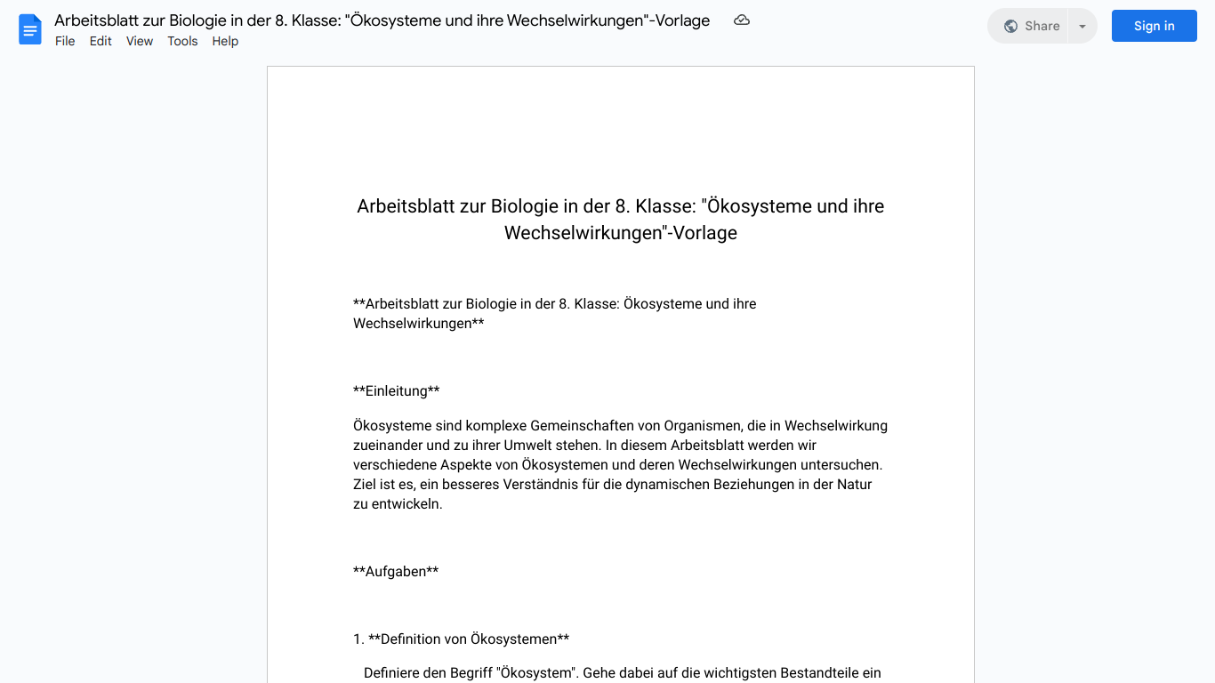 Arbeitsblatt zur Biologie in der 8. Klasse: "Ökosysteme und ihre Wechselwirkungen"-Vorlage