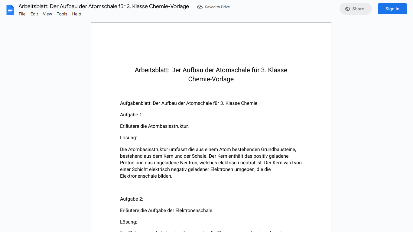 Arbeitsblatt: Der Aufbau der Atomschale für 3. Klasse Chemie-Vorlage