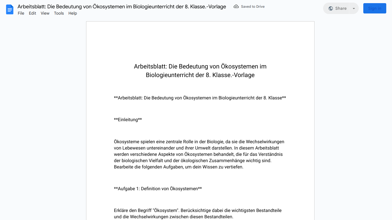 Arbeitsblatt: Die Bedeutung von Ökosystemen im Biologieunterricht der 8. Klasse.-Vorlage