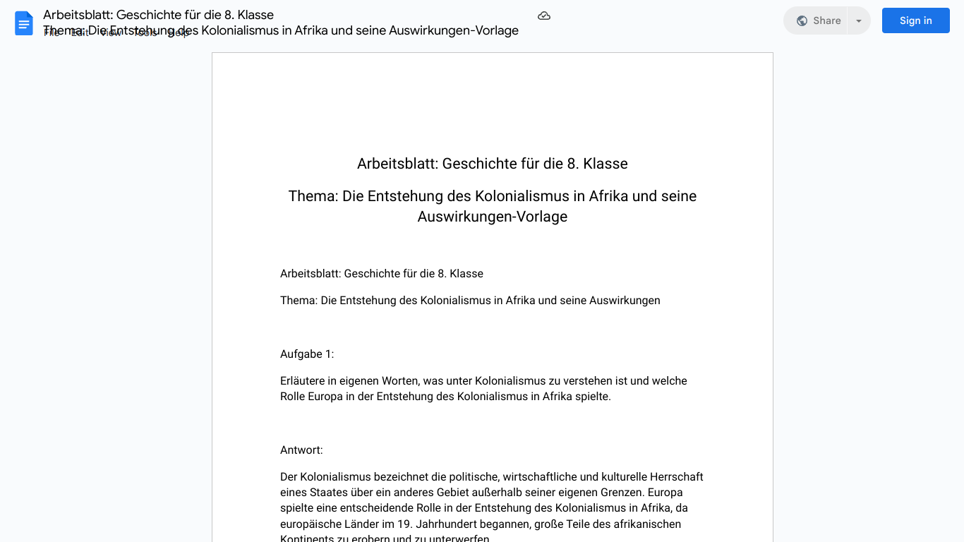 Arbeitsblatt: Geschichte für die 8. Klasse
Thema: Die Entstehung des Kolonialismus in Afrika und seine Auswirkungen-Vorlage