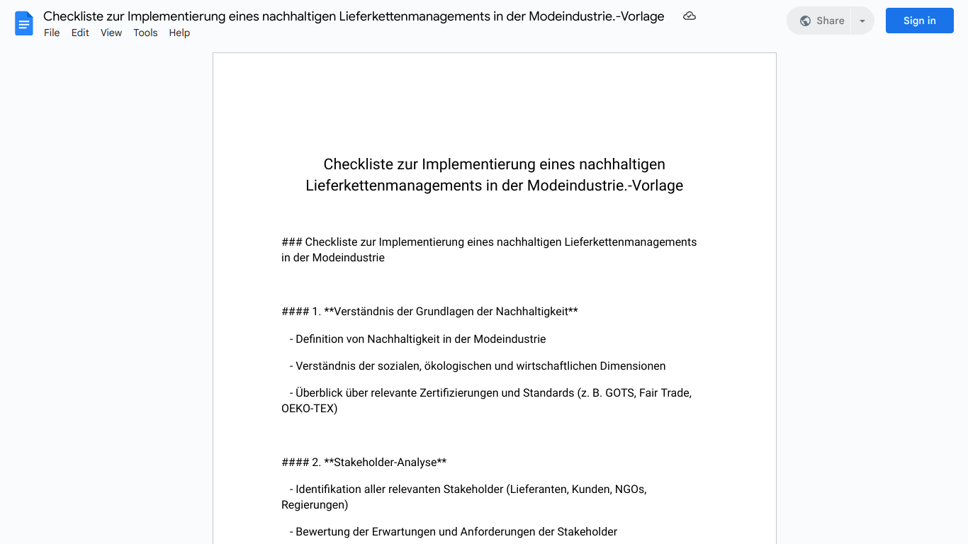 Checkliste zur Implementierung eines nachhaltigen Lieferkettenmanagements in der Modeindustrie.-Vorlage