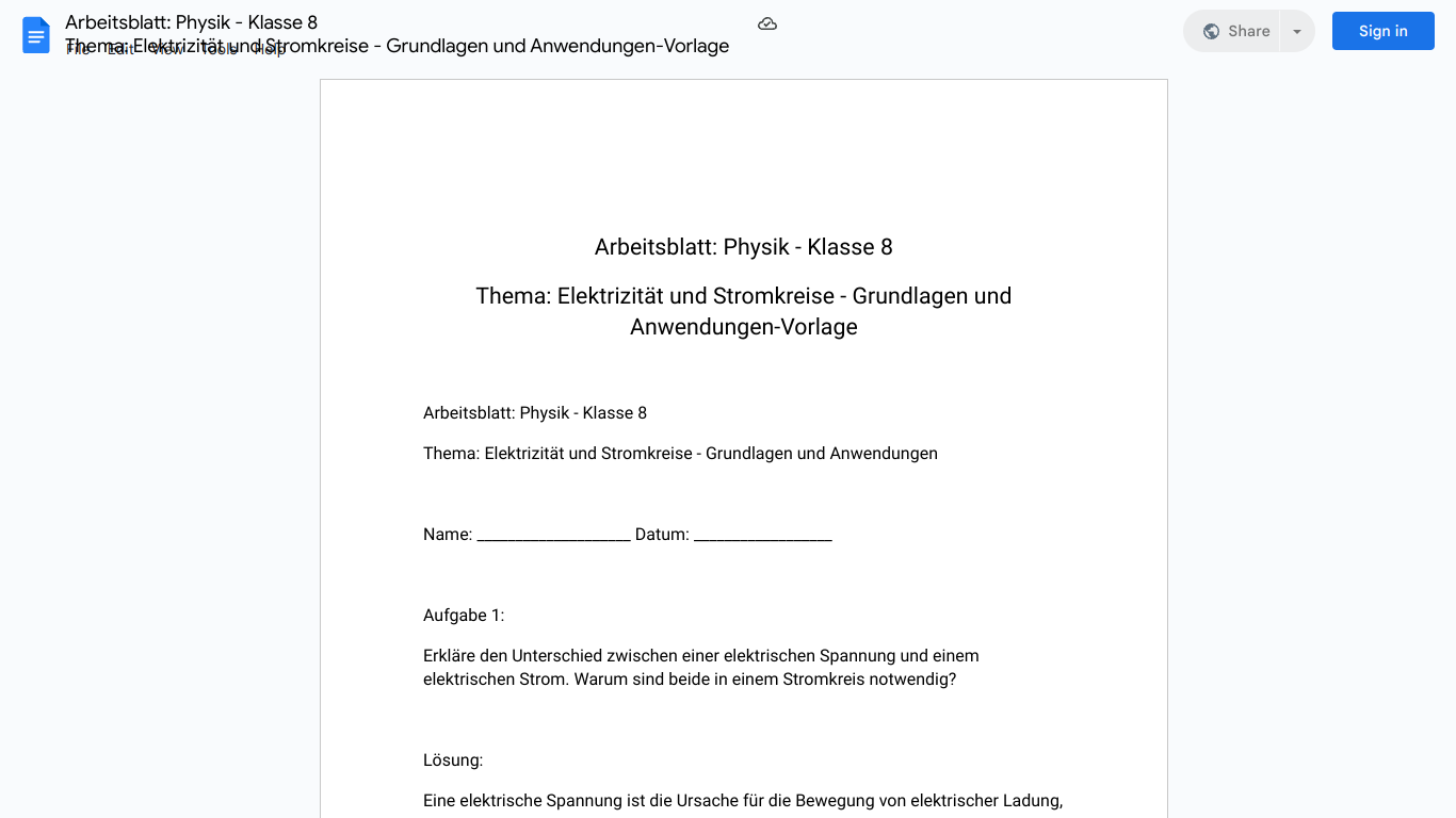 Arbeitsblatt: Physik - Klasse 8
Thema: Elektrizität und Stromkreise - Grundlagen und Anwendungen-Vorlage