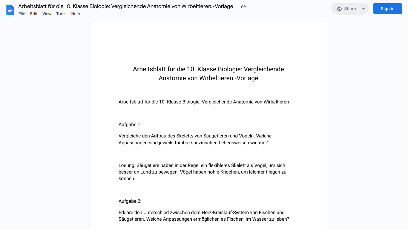 Arbeitsblatt für die 10. Klasse Biologie: Vergleichende Anatomie von Wirbeltieren.-Vorlage