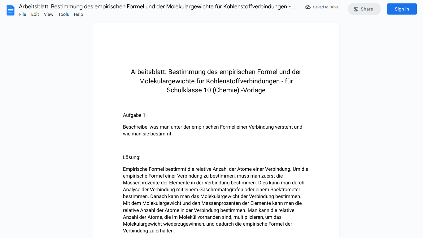 Arbeitsblatt: Bestimmung des empirischen Formel und der Molekulargewichte für Kohlenstoffverbindungen - für Schulklasse 10 (Chemie).-Vorlage