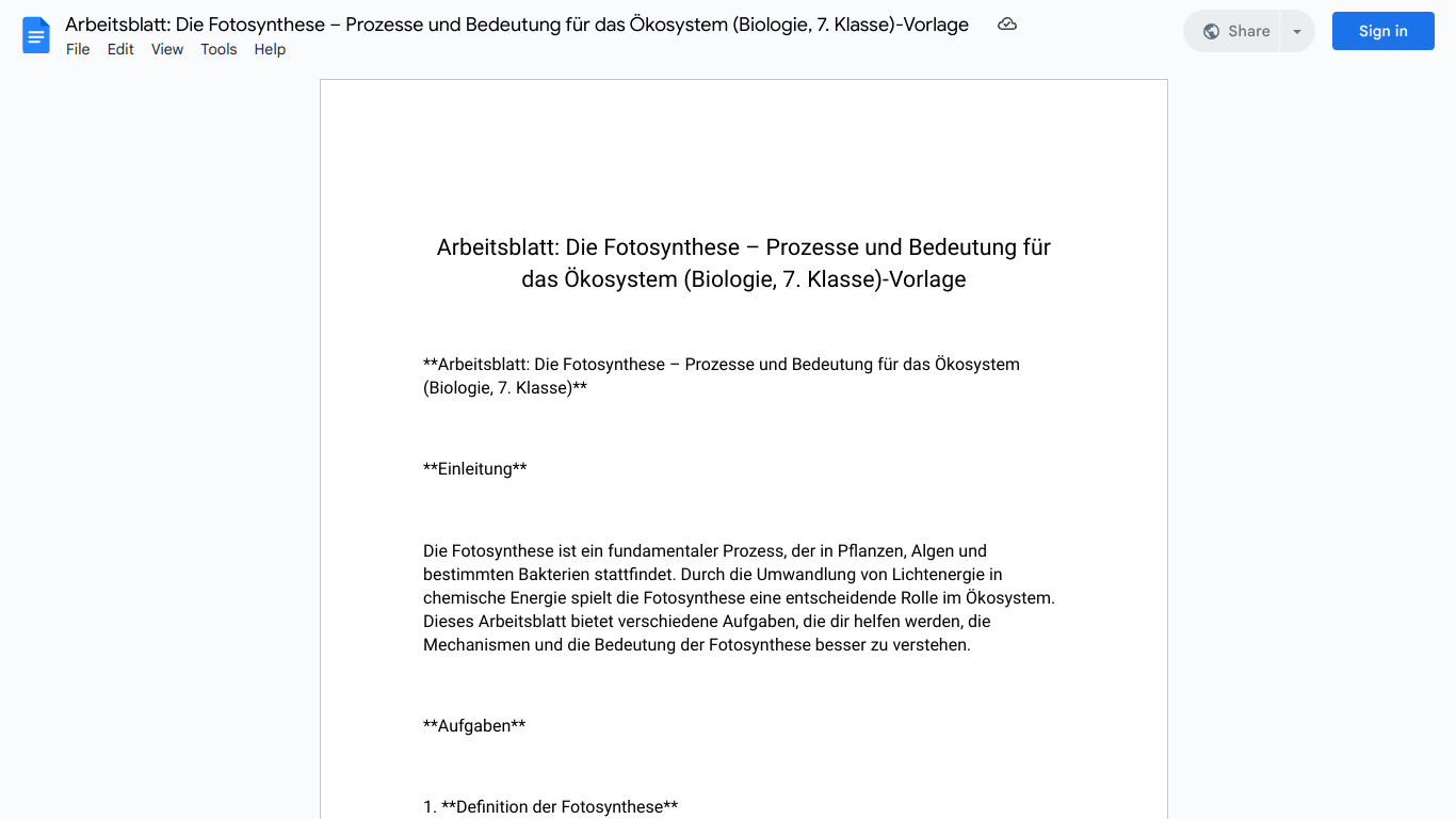 Arbeitsblatt: Die Fotosynthese – Prozesse und Bedeutung für das Ökosystem (Biologie, 7. Klasse)-Vorlage