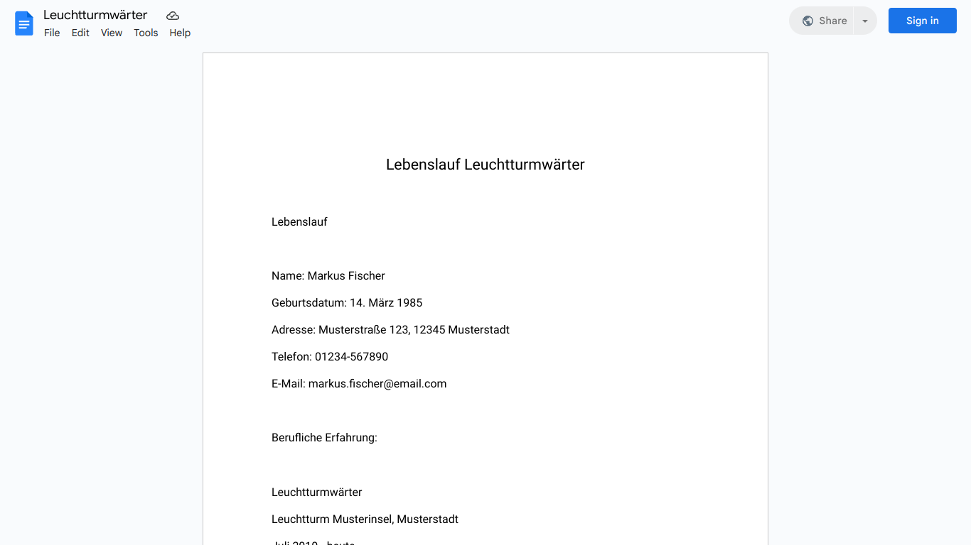 Lebenslauf-Leuchtturmwärter