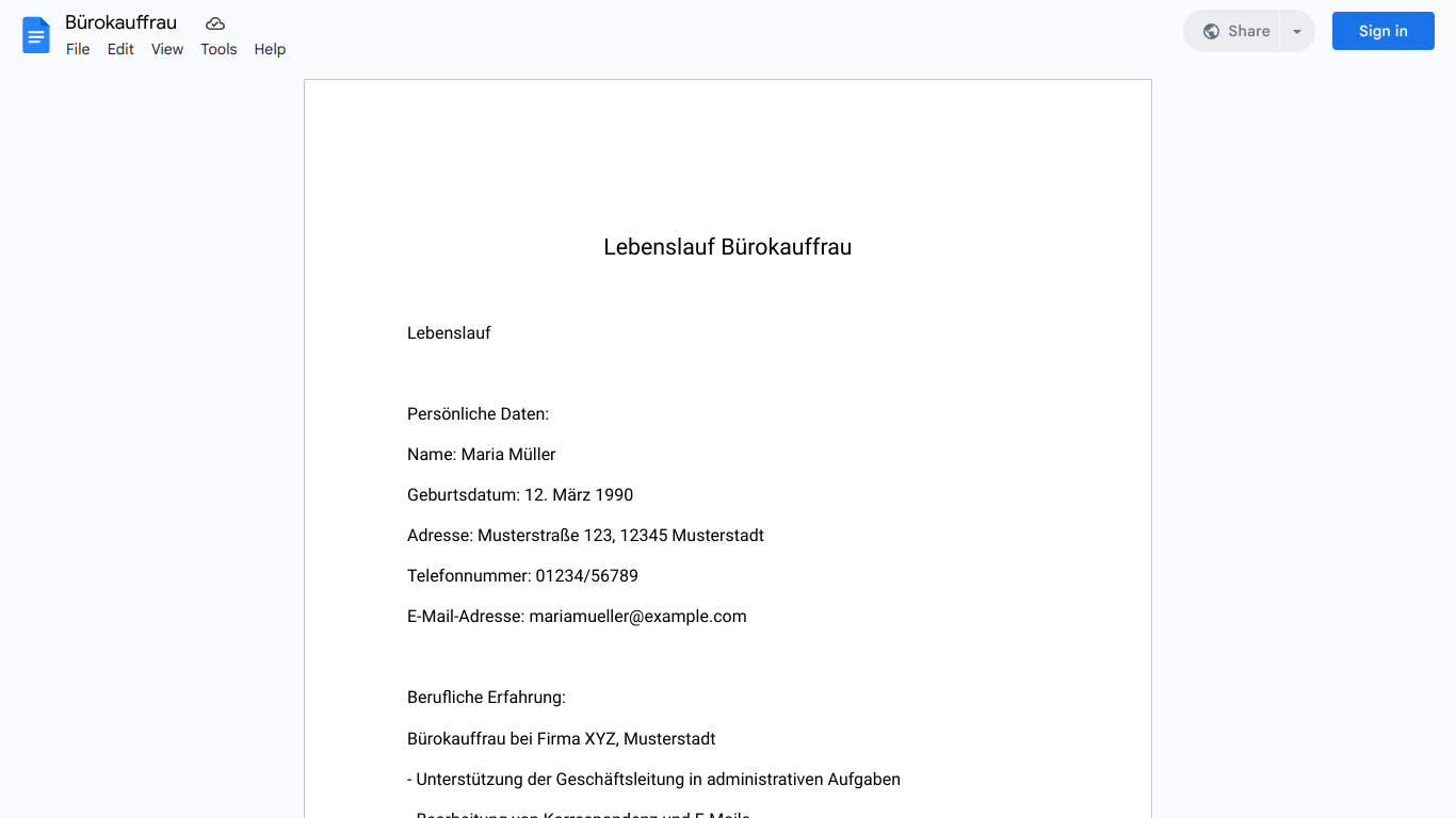 Lebenslauf-Bürokauffrau