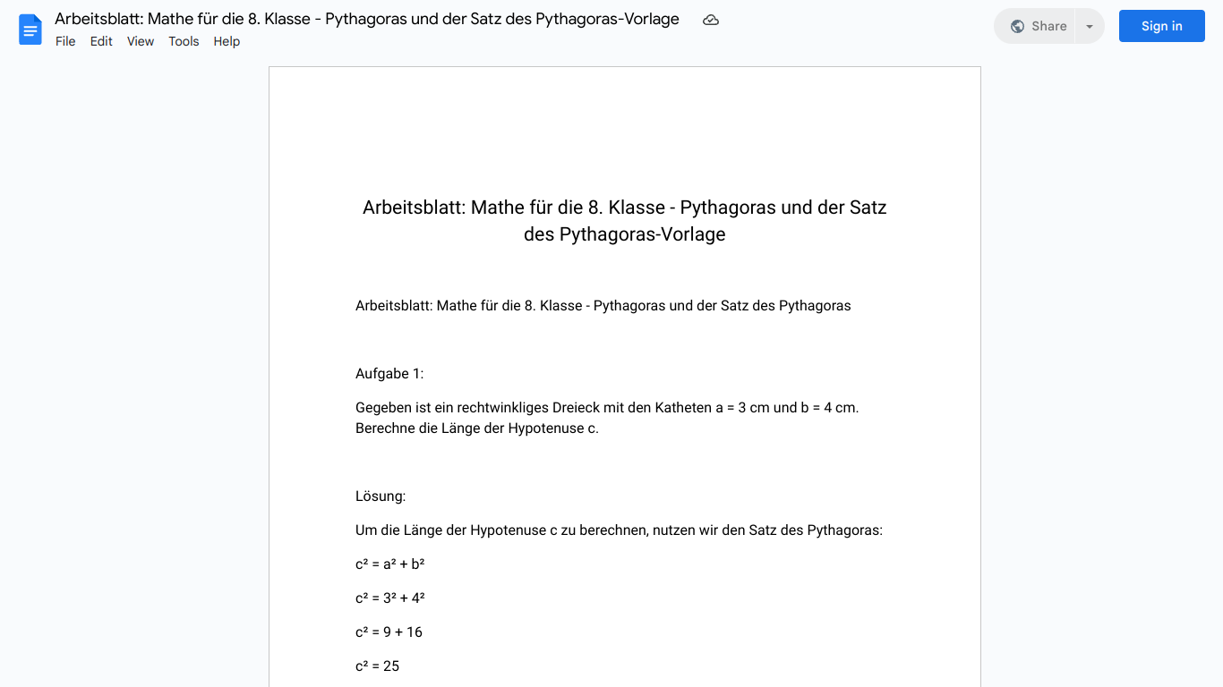 Arbeitsblatt: Mathe für die 8. Klasse - Pythagoras und der Satz des Pythagoras-Vorlage