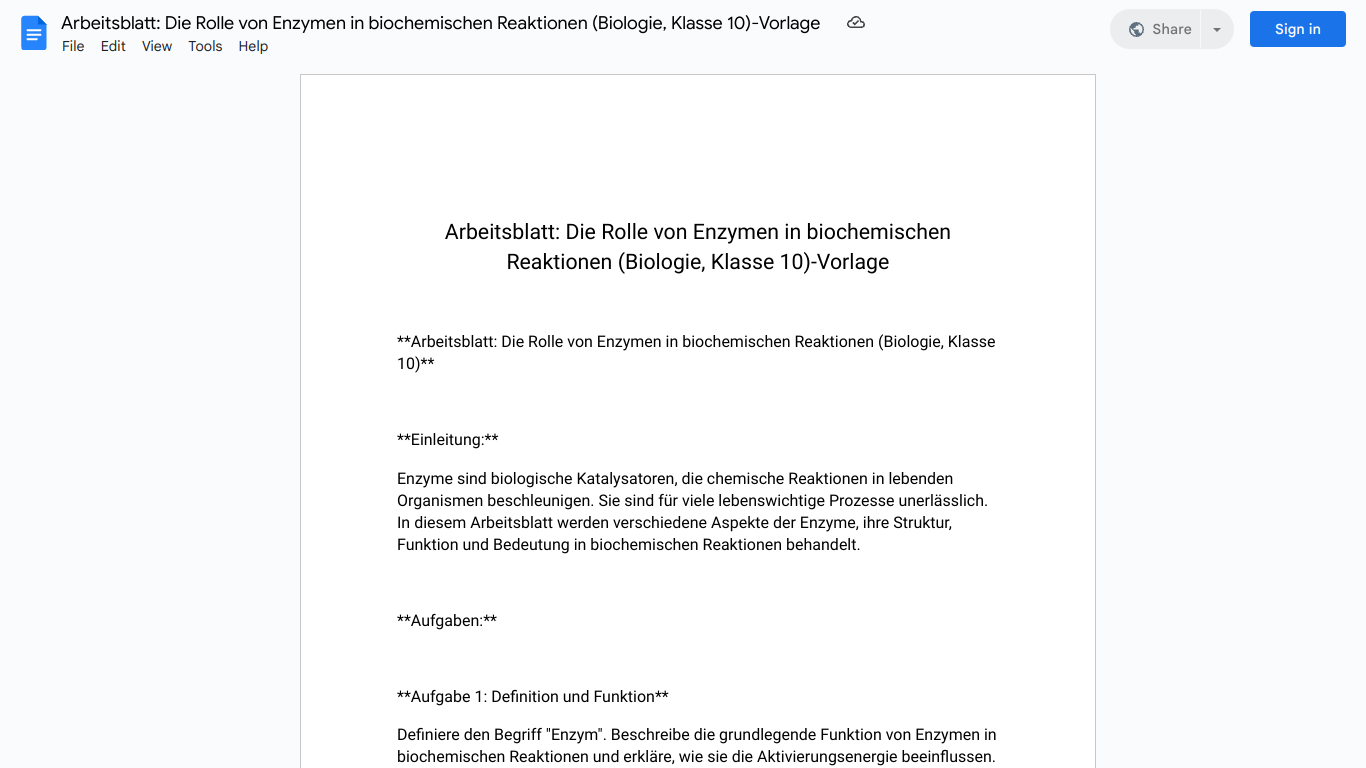 Arbeitsblatt: Die Rolle von Enzymen in biochemischen Reaktionen (Biologie, Klasse 10)-Vorlage