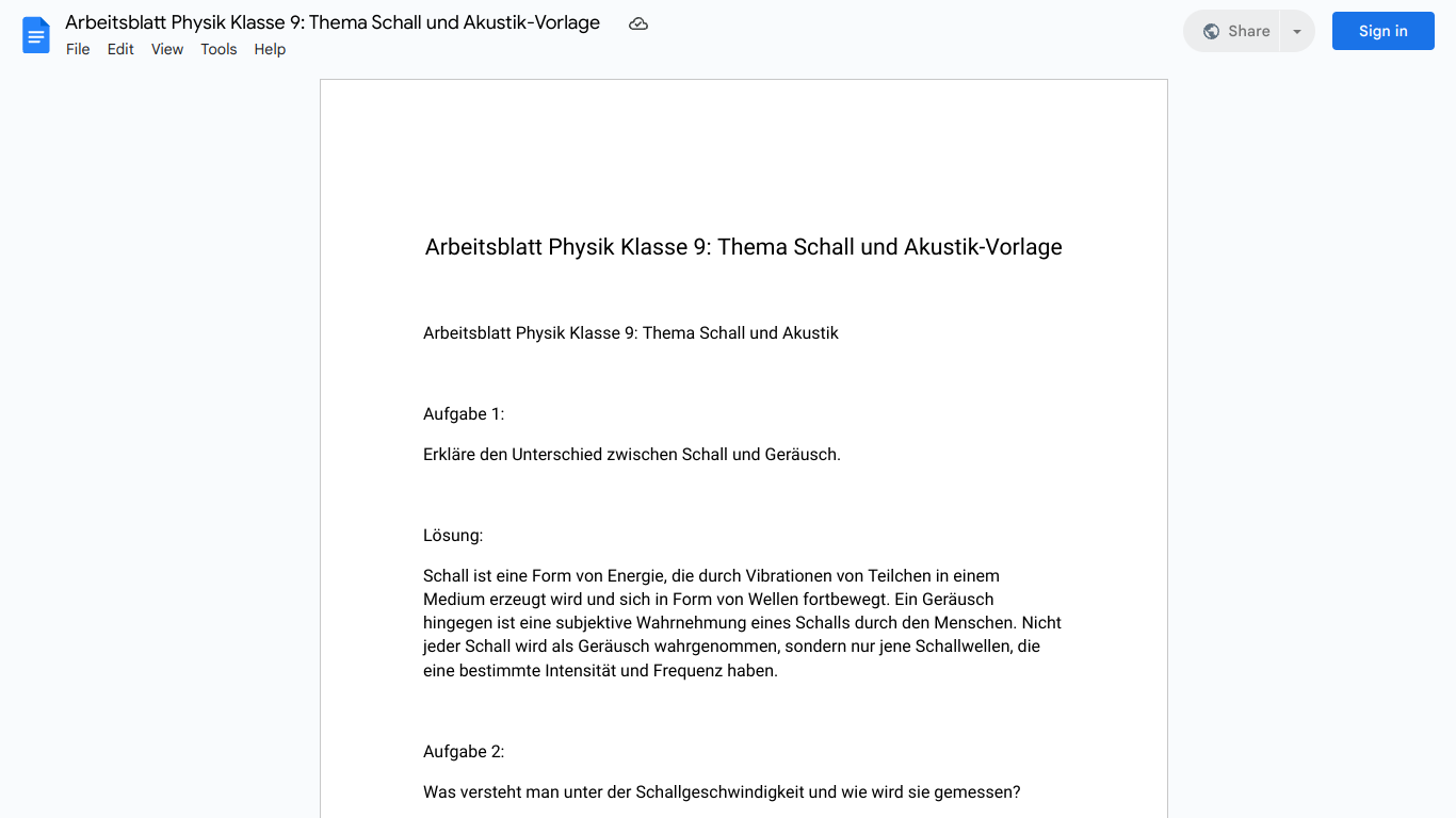 Arbeitsblatt Physik Klasse 9: Thema Schall und Akustik-Vorlage