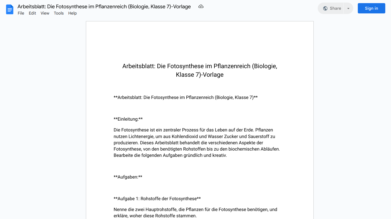 Arbeitsblatt: Die Fotosynthese im Pflanzenreich (Biologie, Klasse 7)-Vorlage