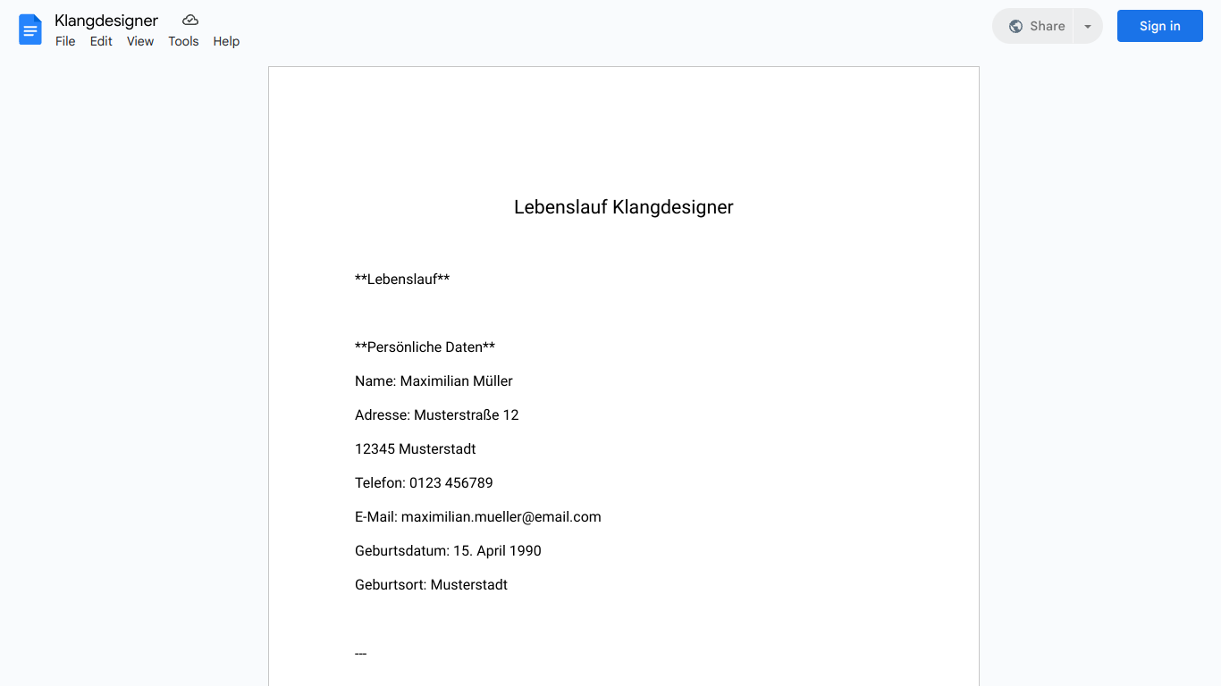 Lebenslauf-Klangdesigner