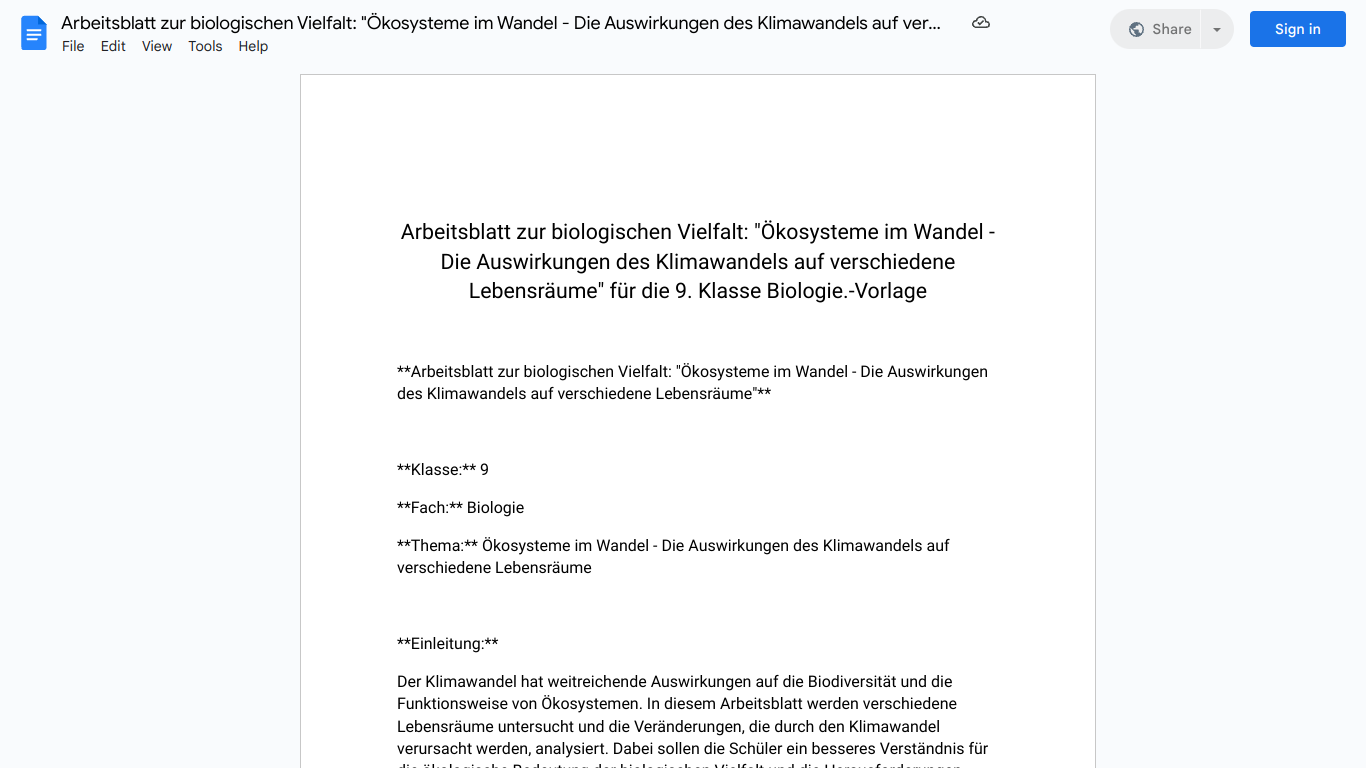 Arbeitsblatt zur biologischen Vielfalt: "Ökosysteme im Wandel - Die Auswirkungen des Klimawandels auf verschiedene Lebensräume" für die 9. Klasse Biologie.-Vorlage