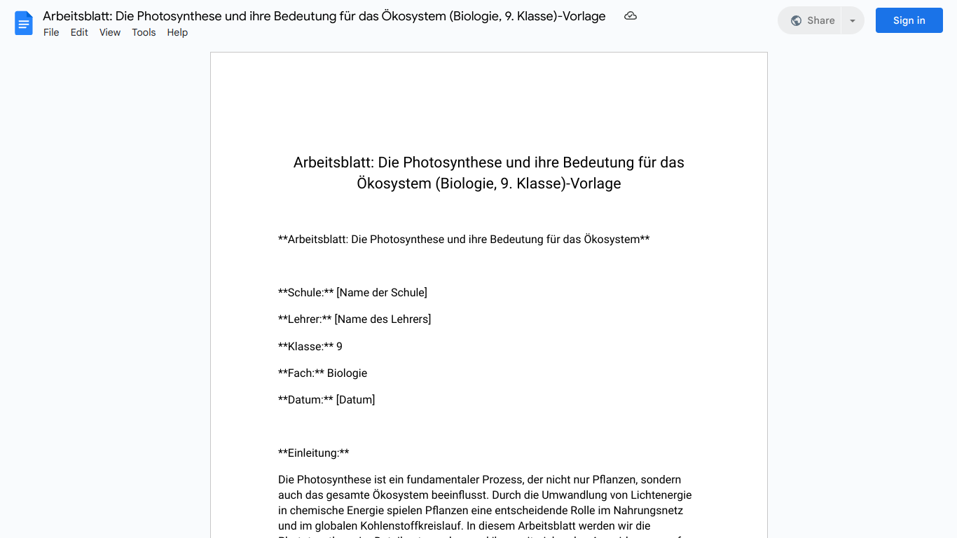 Arbeitsblatt: Die Photosynthese und ihre Bedeutung für das Ökosystem (Biologie, 9. Klasse)-Vorlage