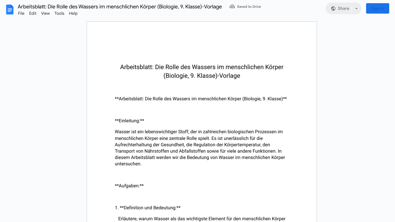 Arbeitsblatt: Die Rolle des Wassers im menschlichen Körper (Biologie, 9. Klasse)-Vorlage