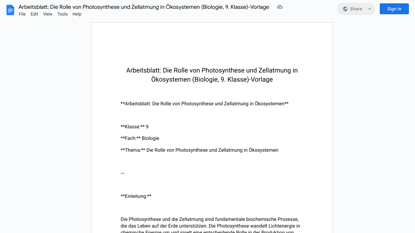 Arbeitsblatt: Die Rolle von Photosynthese und Zellatmung in Ökosystemen (Biologie, 9. Klasse)-Vorlage