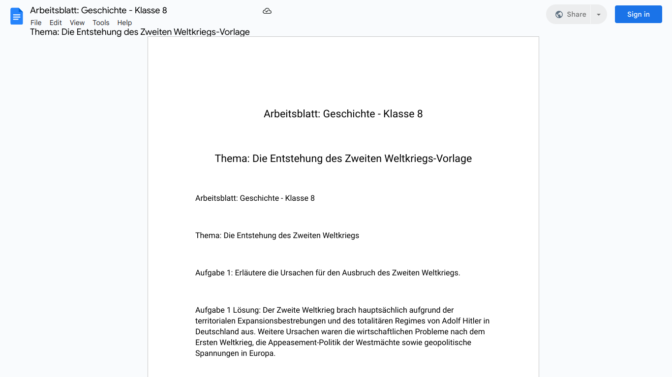 Arbeitsblatt: Geschichte - Klasse 8

Thema: Die Entstehung des Zweiten Weltkriegs-Vorlage