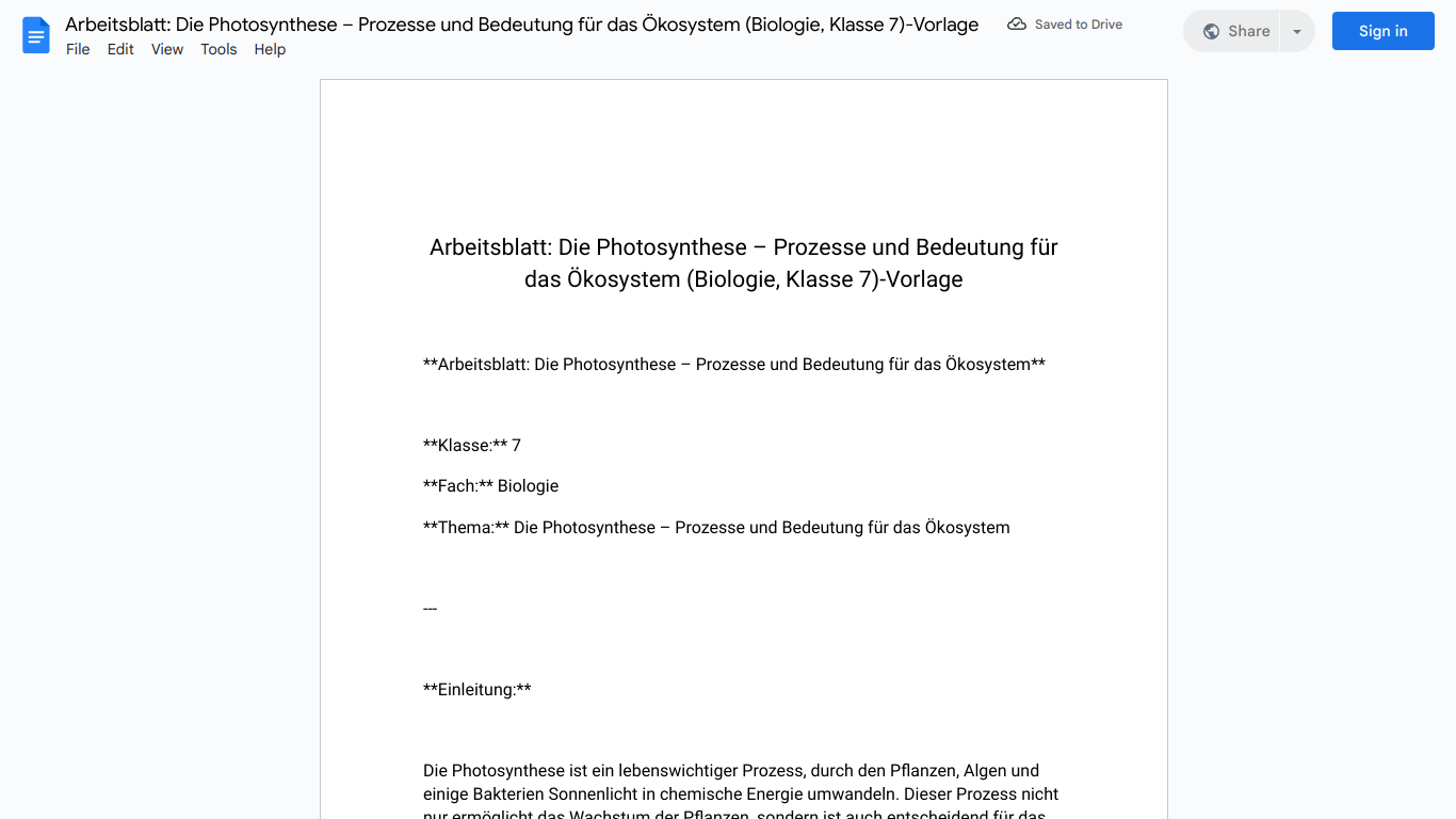 Arbeitsblatt: Die Photosynthese – Prozesse und Bedeutung für das Ökosystem (Biologie, Klasse 7)-Vorlage