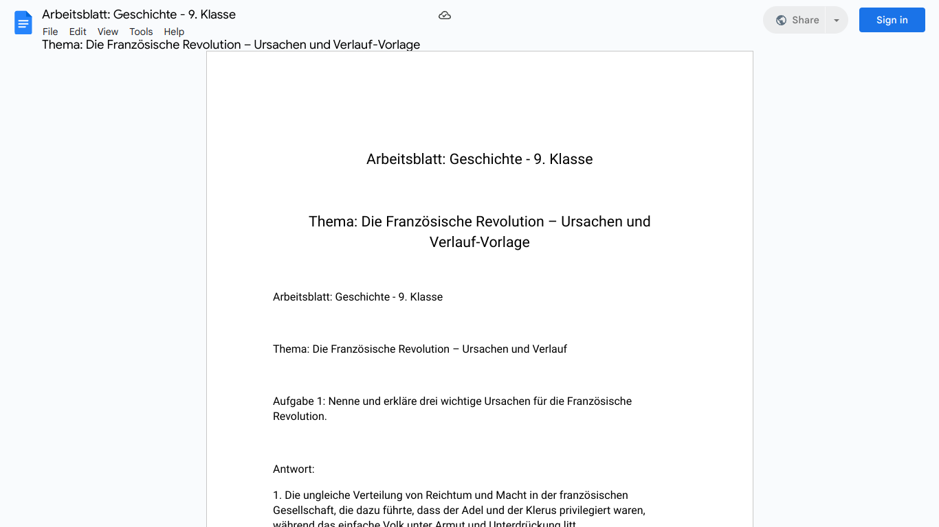 Arbeitsblatt: Geschichte - 9. Klasse

Thema: Die Französische Revolution – Ursachen und Verlauf-Vorlage