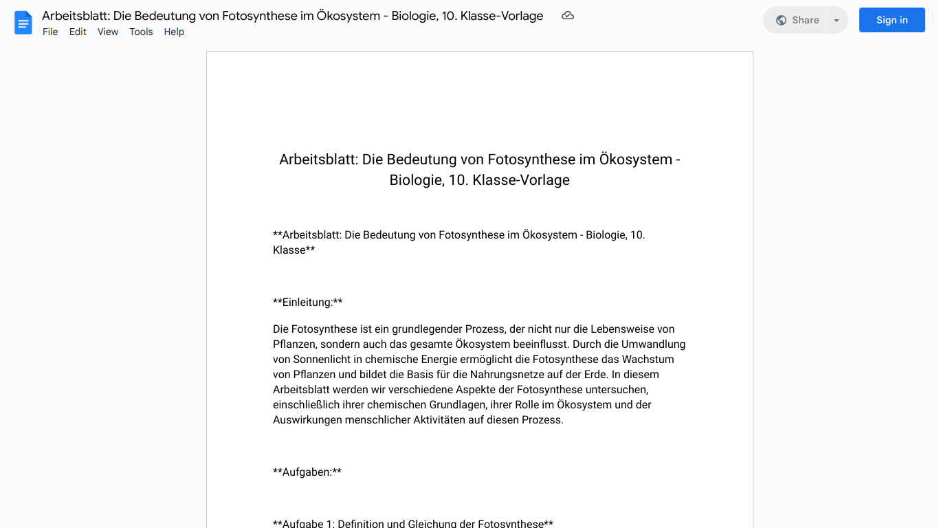 Arbeitsblatt: Die Bedeutung von Fotosynthese im Ökosystem - Biologie, 10. Klasse-Vorlage