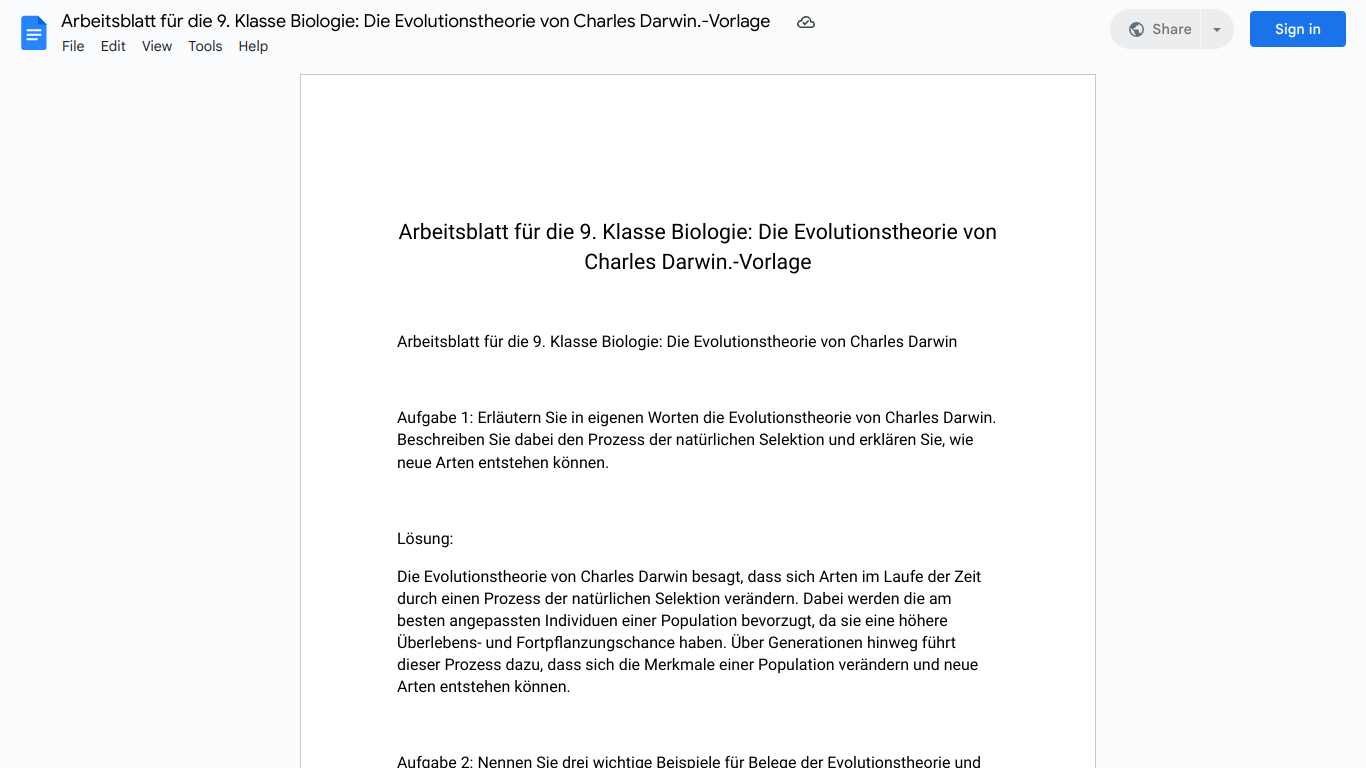 Arbeitsblatt für die 9. Klasse Biologie: Die Evolutionstheorie von Charles Darwin.-Vorlage