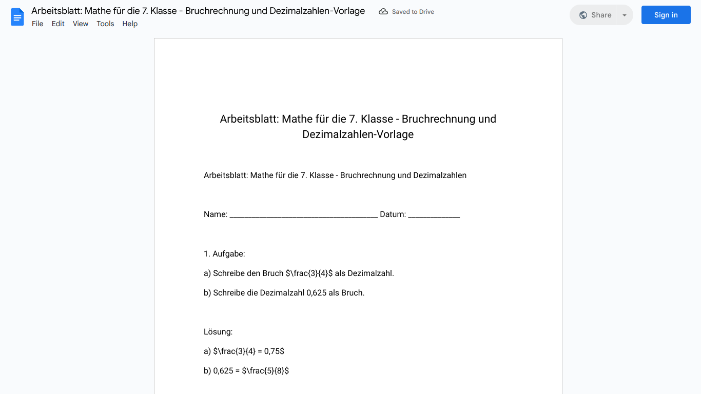 Arbeitsblatt: Mathe für die 7. Klasse - Bruchrechnung und Dezimalzahlen-Vorlage