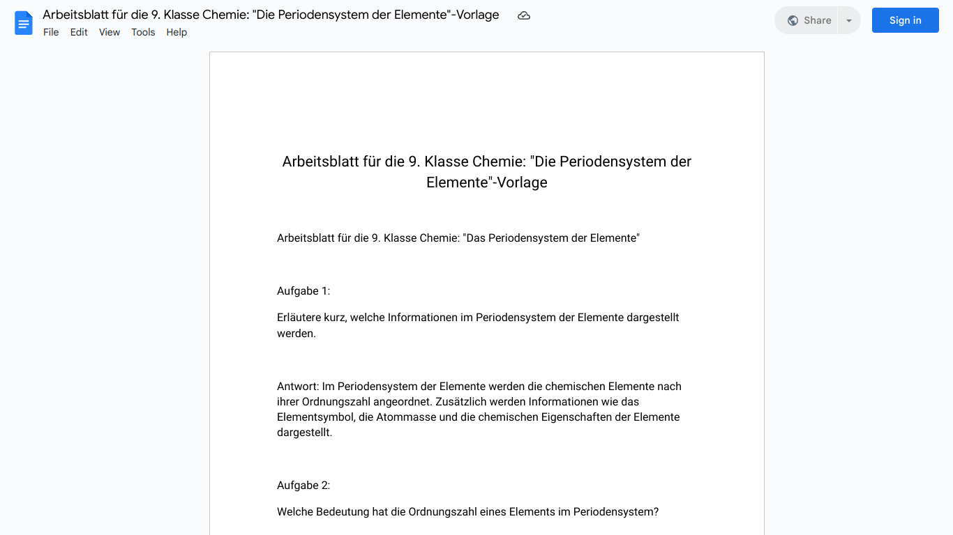 Arbeitsblatt für die 9. Klasse Chemie: "Die Periodensystem der Elemente"-Vorlage