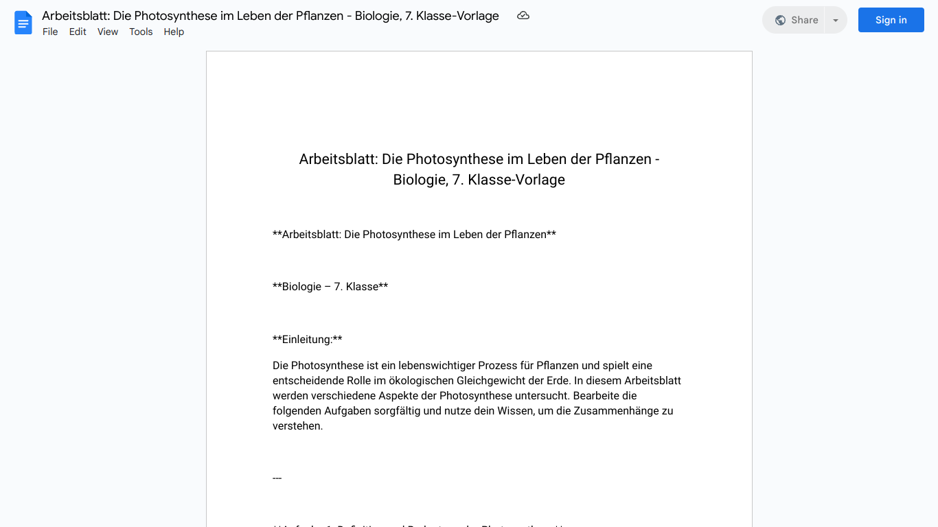 Arbeitsblatt: Die Photosynthese im Leben der Pflanzen - Biologie, 7. Klasse-Vorlage