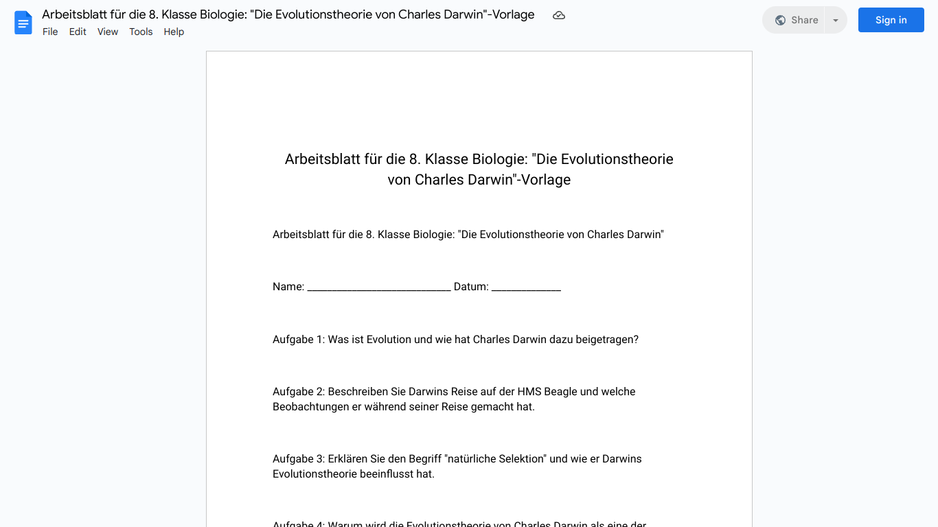 Arbeitsblatt für die 8. Klasse Biologie: "Die Evolutionstheorie von Charles Darwin"-Vorlage